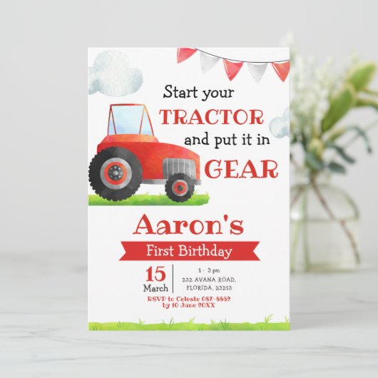Red Tractor Boy Invitation Anniversaire (Debout devant)