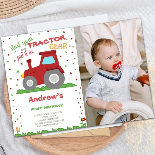 Red Tractor Invitations d'anniversaire avec photo