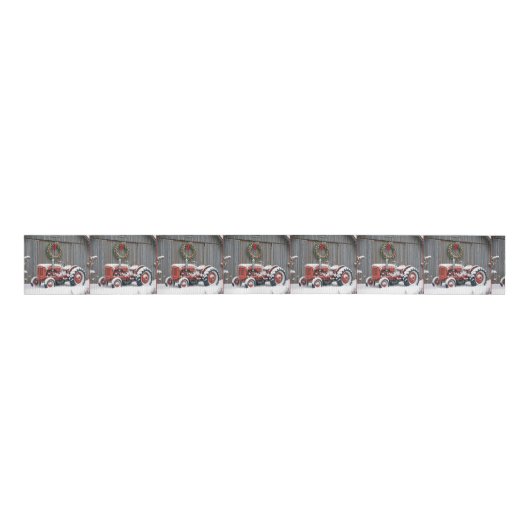 Red Tractor With Christmas Wreath Grosgrain Lint (Voorkant)