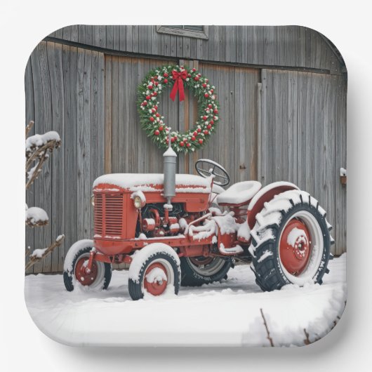 Red Tractor With Christmas Wreath Papieren Bordje (Voorkant)