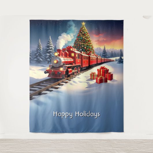 Red Train Christmas Tree Holiday Backdrop Wandkleed (Voorkant)
