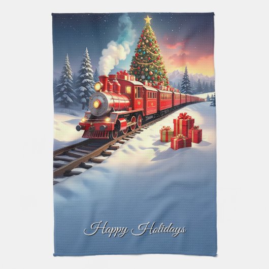 Red Train Christmas Tree Holiday Kitchen Towel Theedoek (Verticaal)