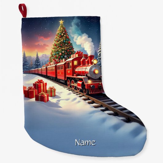 Red Train Christmas Tree Holiday Stocking Grote Kerstsok (Voorkant)