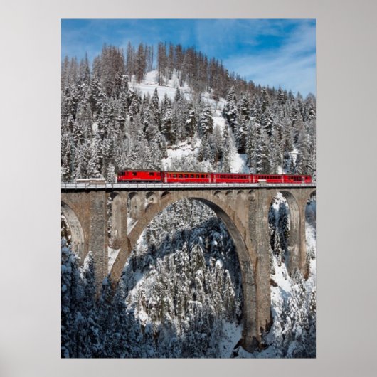 Red Train Pine Snow Covering Mountains Zwitserland Poster (Voorkant)