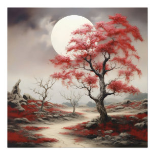 Red Tree Night Landschap Foto Afdruk