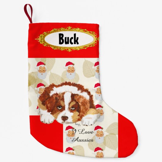 Red Tri Aussie Puppy w/Santa Stocking Kleine Kerstsok (Voorkant)