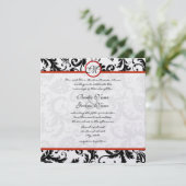 Red Trim Black Damask Swirls Wedding Invitation Kaart (Staand voorkant)