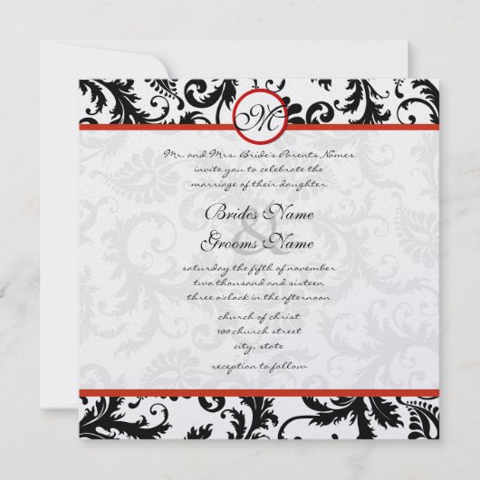 Red Trim Black Damask Swirls Wedding Invitation Kaart (Voorkant)