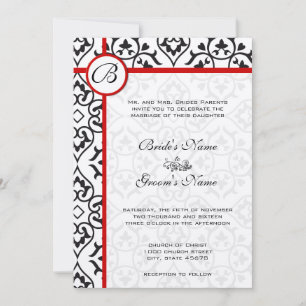 Red Trim Black Heart Damask Side Border Wedding Kaart