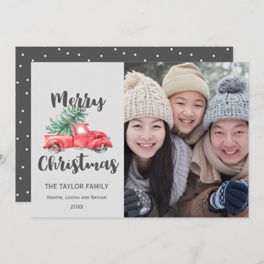 Red Truck and Tree kerstfoto Feestdagenkaart (Voorkant / Achterkant)