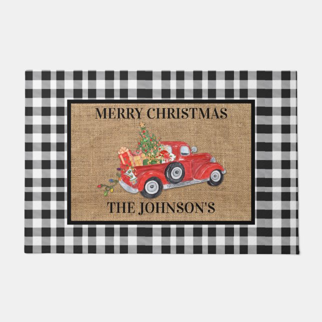 Red Truck Black & White Check Burlap Kerstmis Deurmat (Voorkant)