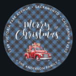 Red Truck Blue Christmas Retourner l'adresse Étiqu<br><div class="desc">Créez de magnifiques étiquettes d'adresse de retour de Noël avec un camion rouge classique sur un motif de plaid de buffle bleu. Personnalisez facilement ces étiquettes de Noël bleus à damiers avec votre nom de famille et votre adresse.</div>