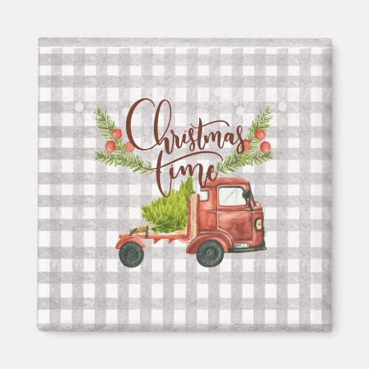 Red Truck Buffalo Check Christmas Magnet (Devant)