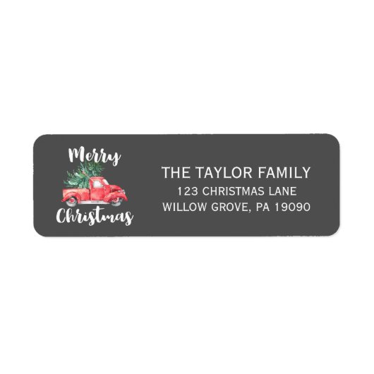 Red Truck en Tree | Grijze kerst Etiket (Voorkant)
