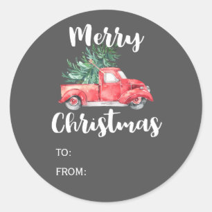 Red Truck en Tree Grijze kerstcadeaunaam Ronde Sticker