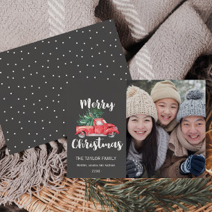 Red Truck en Tree   Grijze kerstfoto Feestdagenkaart