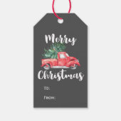 Red Truck en Tree | Grijze kerstnaam Cadeaulabel (Voorkant)