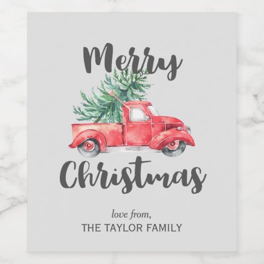Red Truck en Tree Merry kerstcadeau Wijn Etiket (Enkel label)