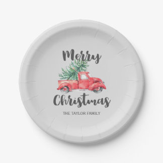 Red Truck en Tree Merry Kerstparty Papieren Bordje