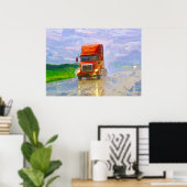Red Truck Highway Rijden in het Regen Art Poster 4 (Thuiskantoor)