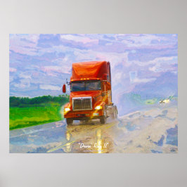 Red Truck Highway Rijden in het Regen Art Poster 4
