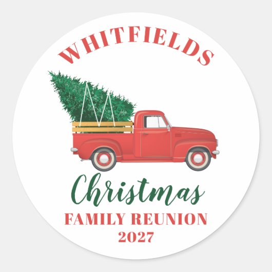 Red Truck-kerstfamilie — aangepast Ronde Sticker (Voorkant)