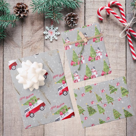 Red Truck Merry kerst Grey Wrapping Paper