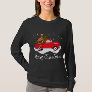 Red Truck Merry kerstboom Flamingo Kerstmis T-shirt