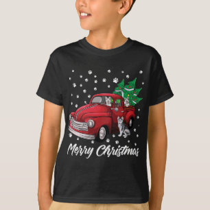 Red Truck Merry kerstboom Siberian Husky Dog T-shirt