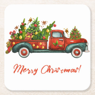  Red Truck Merry kerstboomgroet Vierkante Kartonnen Onderzetter