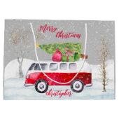 Red Truck Merry kerstgrijs Groot Cadeauzakje (Achterkant)