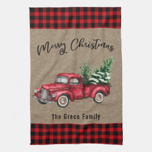  Red Truck met kerstboomgaard Theedoek