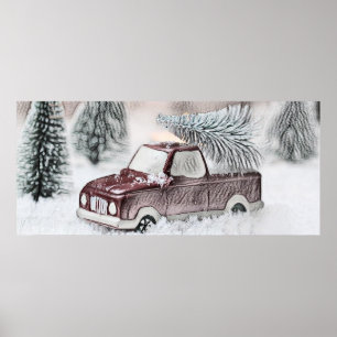 Red Truck met kerstboomtekening Poster