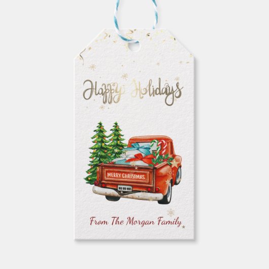 Red Truck Pine Tree Kerstmis Prettige feestdagen Cadeaulabel (Voorkant)