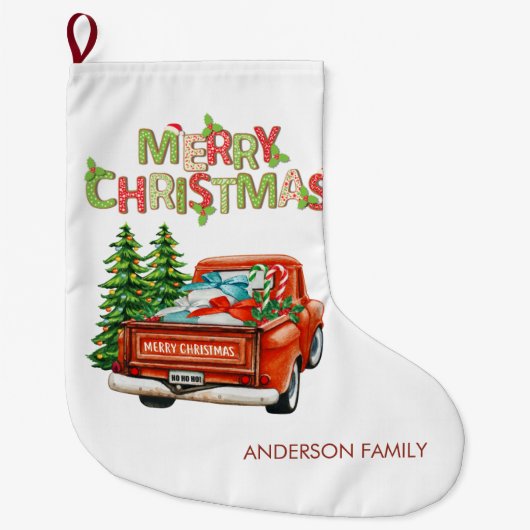Red Truck Pine Tree Merry kerst-gepersonaliseerd Grote Kerstsok (Voorkant)