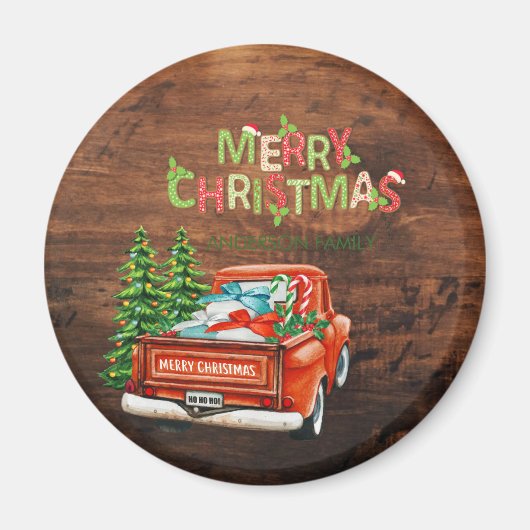Red Truck Pine Tree Merry Kersthout Magneet (Voorkant)