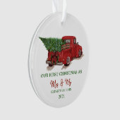 Red Truck Pine Tree Onze eerste kerstfeestdag Ornament (voorkant)