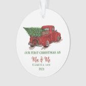 Red Truck Pine Tree Onze eerste kerstfeestdag Ornament (voorkant)