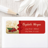 Red Truck Pine Tree, Red Bow, Gold Glittery Bokeh Etiket (Insitu)