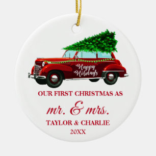 Red Truck Red Brush Script First Kerstmis Keramisch Ornament