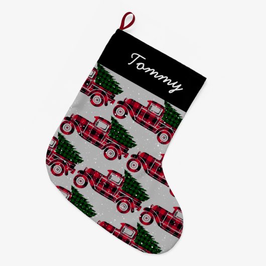 Red Truck Rustic Buffalo Pset Naam toevoegen Grote Kerstsok (Voorkant (Hangend))