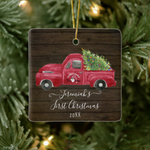 Red Truck Rustic Wood Baby kerstboom Foto Keramisch Ornament
