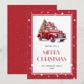 Red Truck Tree Neige Stars Joyeux Noël Carte (Devant / Derrière)