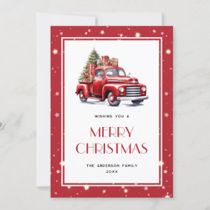 Red Truck Tree Snow Stars Vrolijke kerst Kaart