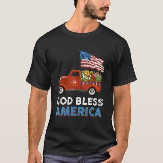 Red Truck Usa vlag Flowers God zegene Amerika 4th  T-shirt