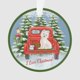  Red Truck Westie Snow Trees Familienaam  Ornament