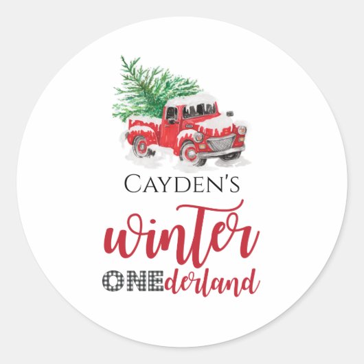 Red Truck Winter Onederland First Birthday Favor Ronde Sticker (Voorkant)