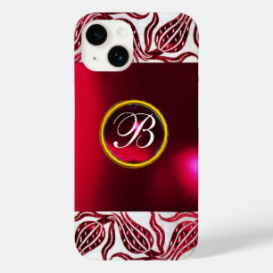 RED TULIPS DAMASK TULIP MONOGRAM Burgundy White Case-Mate iPhone 14 Hoesje