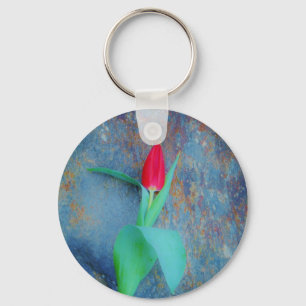 Red Tulp op blauw grijze laat Sleutelhanger