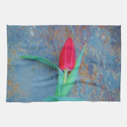Red Tulp op blauw grijze laat Theedoek (Horizontaal)